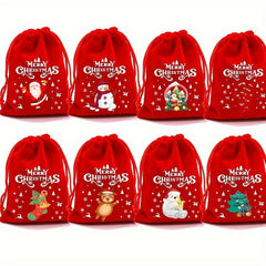 5pcs Red Christmas Velvet Bags 9x12 Drawstring Pouch Candy Gift Bag