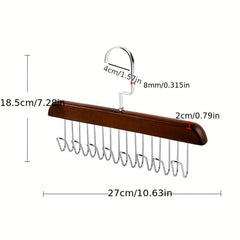 Solid Wood Hanging Rack for Belts, Hats, Ties - 8 Hooks - 2 Colors