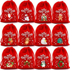 5pcs Christmas Gift Bag Red Velvet Cartoon Candy Bag Drawstring Festive Pouches