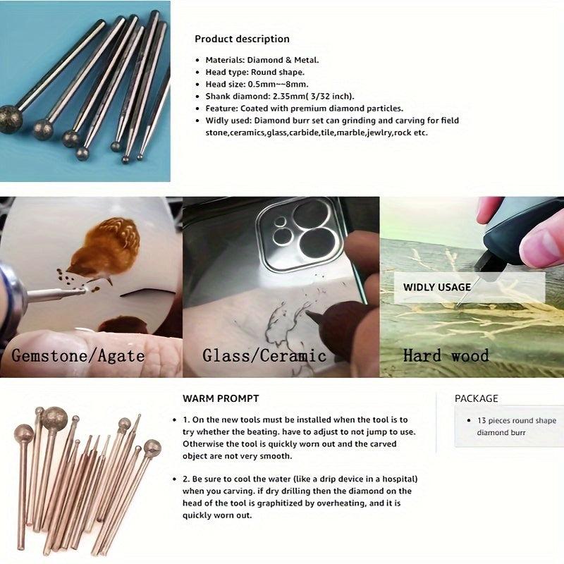 13pcs Diamond Grinding Head Mounted Burr Set for Jade Stone Ceramic