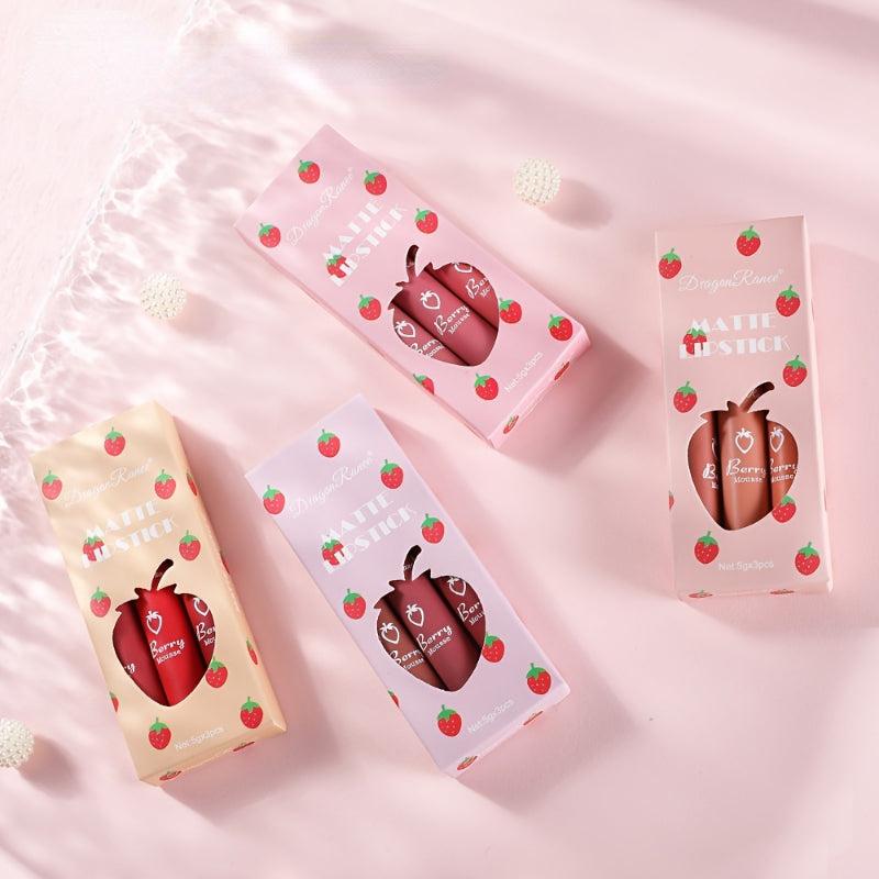 3 Colors Strawberry Berry Matte Lipstick Softness Velvet Matte Lip Gloss