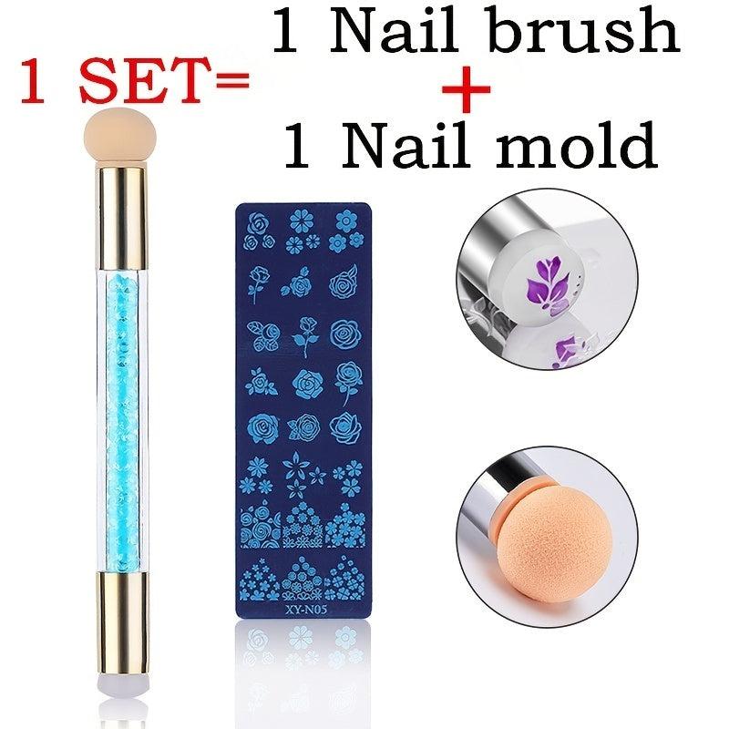 Nail Stamping Plates Set with Silicone Brush Polish Transfer Stencils