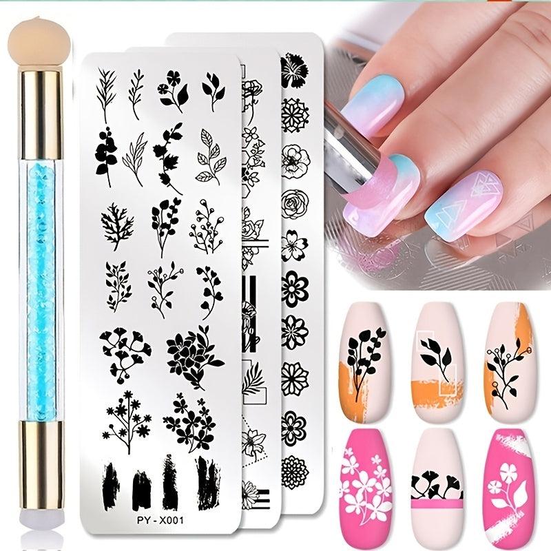 Nail Stamping Plates Set with Silicone Brush Polish Transfer Stencils