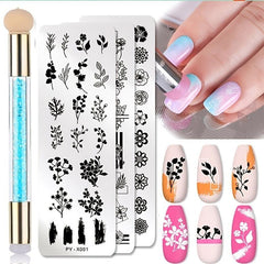 Nail Stamping Plates Set with Silicone Brush Polish Transfer Stencils