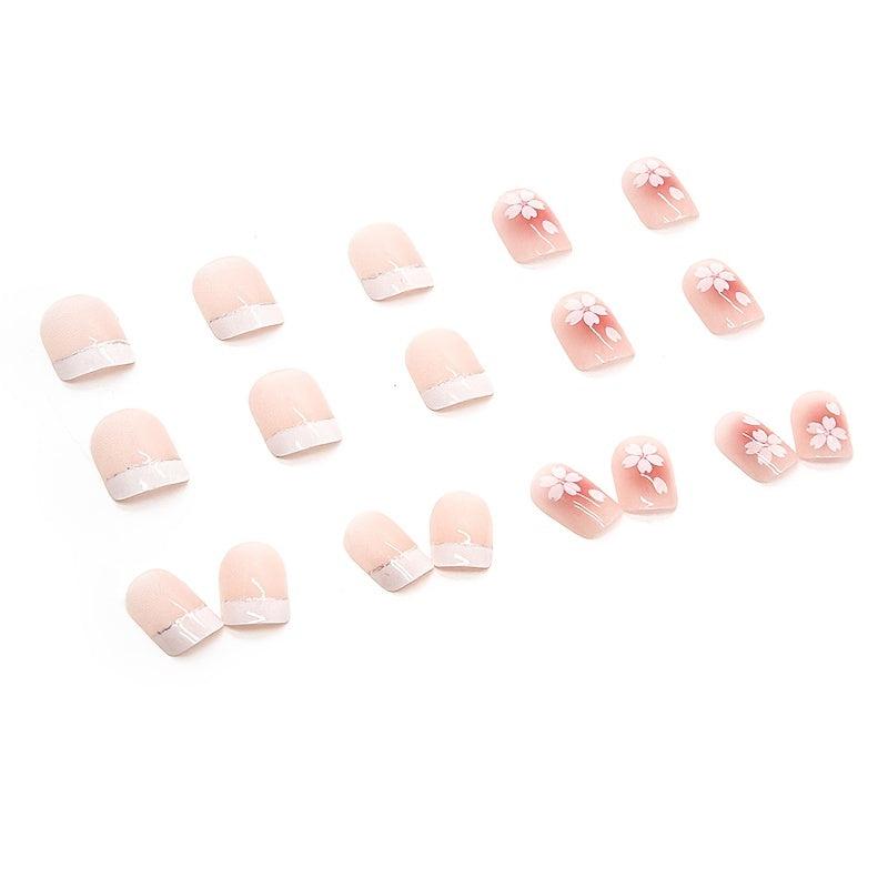 24pcs Coffin Shape Press On Nails Nude Pink with Flowers Trim Short Length