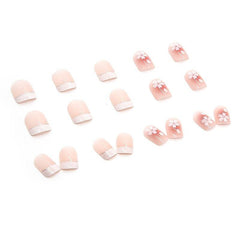 24pcs Coffin Shape Press On Nails Nude Pink with Flowers Trim Short Length