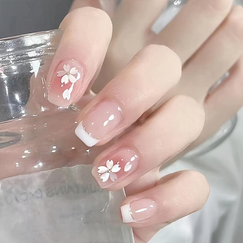 24pcs Coffin Shape Press On Nails Nude Pink with Flowers Trim Short Length