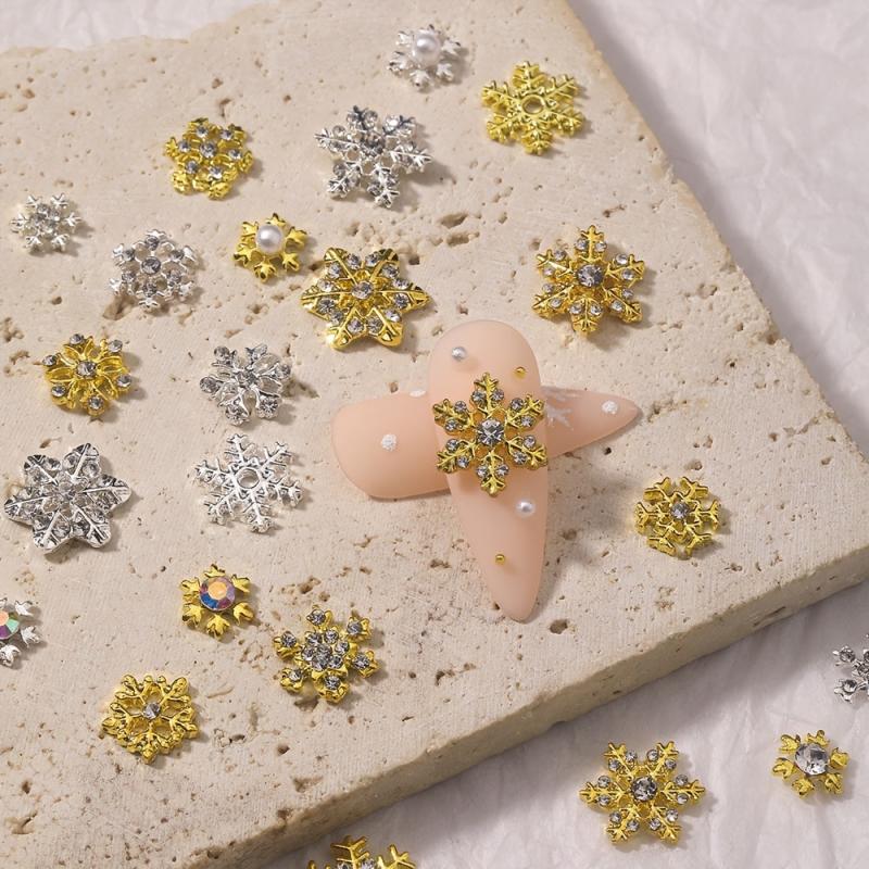 10 Pcs Snowflake Nail Art Charms 3D Crystals Rhinestones Metal Alloy Silver Gems