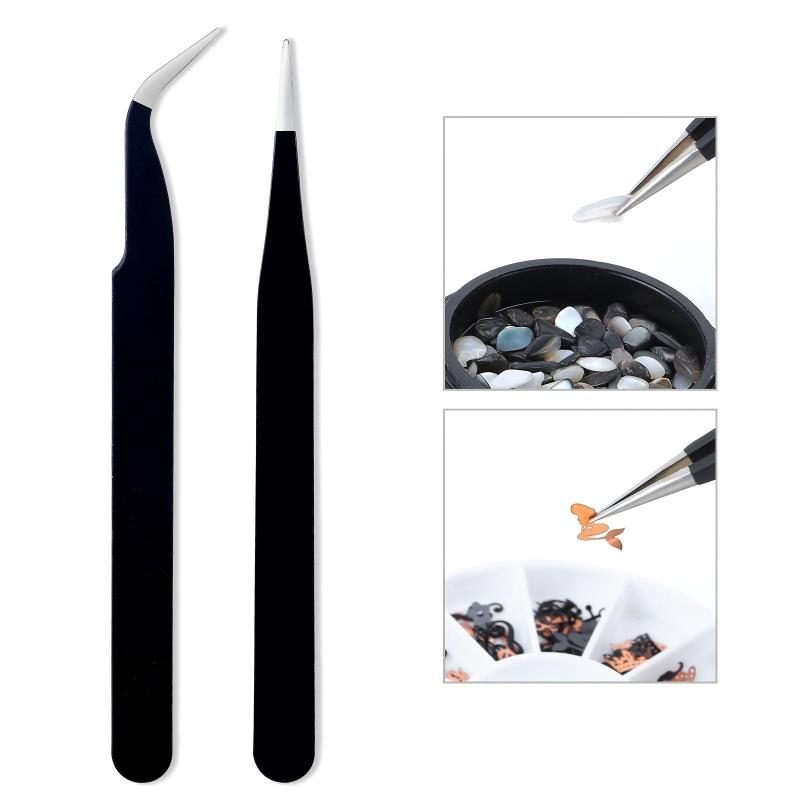 Stainless Steel Nail Rhinestone Picker Tools - Curved & Straight Tweezers
