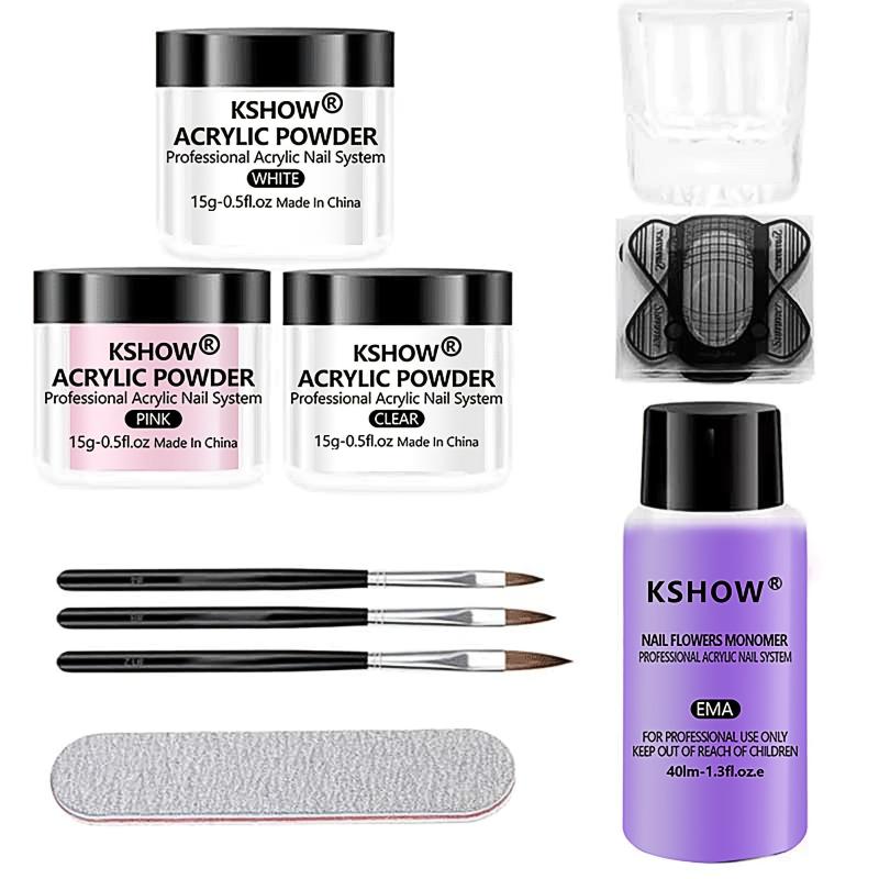 Pink & Clear Acrylic Nail Kit, Monomer Liquid, Nail Brush - DIY Nail Decoration