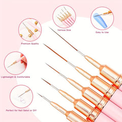 5pcs Pink Nail Art Brush Set for Long Nails Gel Polish Painting Manicure