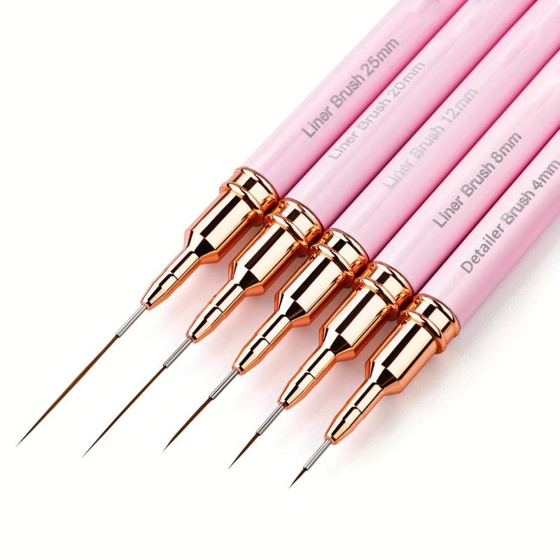 5pcs Pink Nail Art Brush Set for Long Nails Gel Polish Painting Manicure