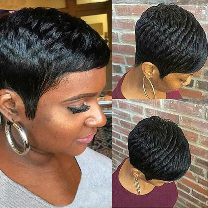 Burgundy Short Pixie Cut Human Hair Wig Glueless Straight Wig for Women