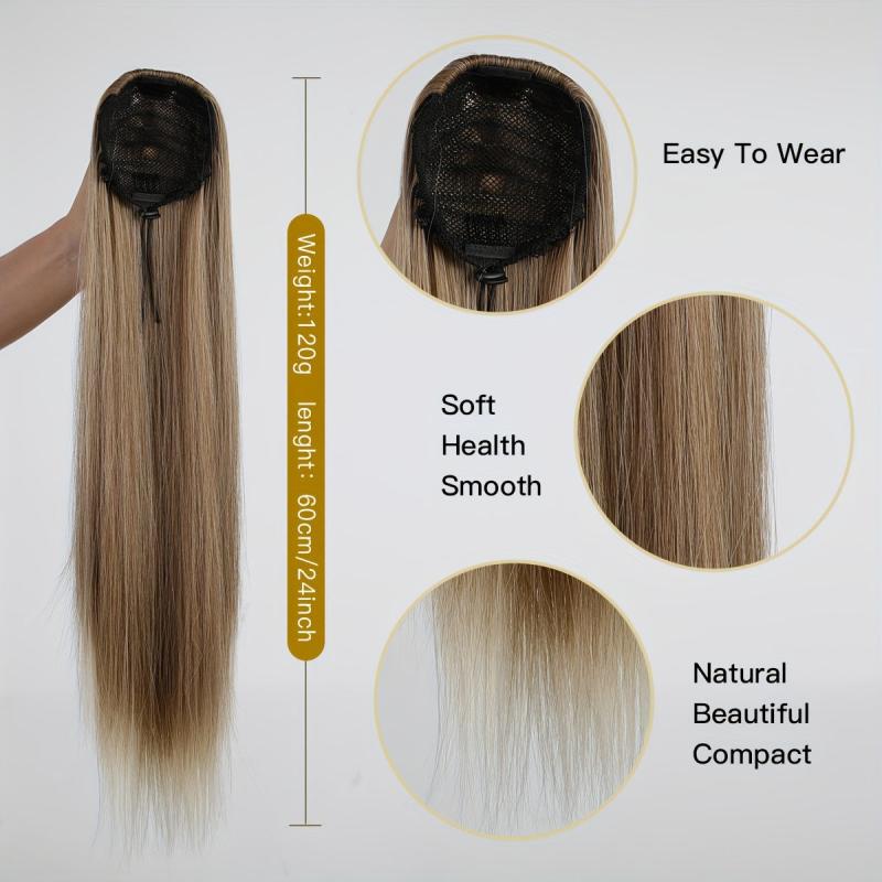 Long Straight Ponytail Extension Wrap Around Ponytail Synthetic Hair Blond