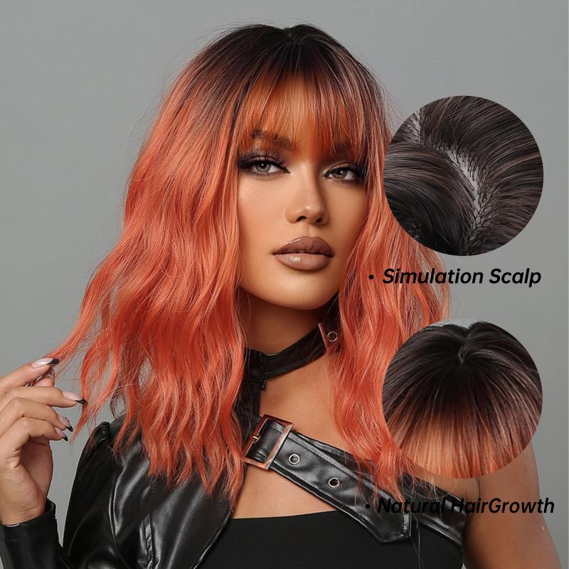 Bob Water Wave Wig Ombre Brown Dark Red Bangs Women
