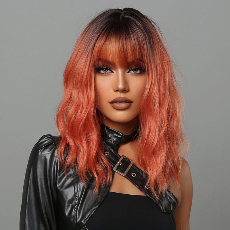 Bob Water Wave Wig Ombre Brown Dark Red Bangs Women