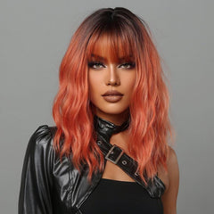 Bob Water Wave Wig Ombre Brown Dark Red Bangs Women