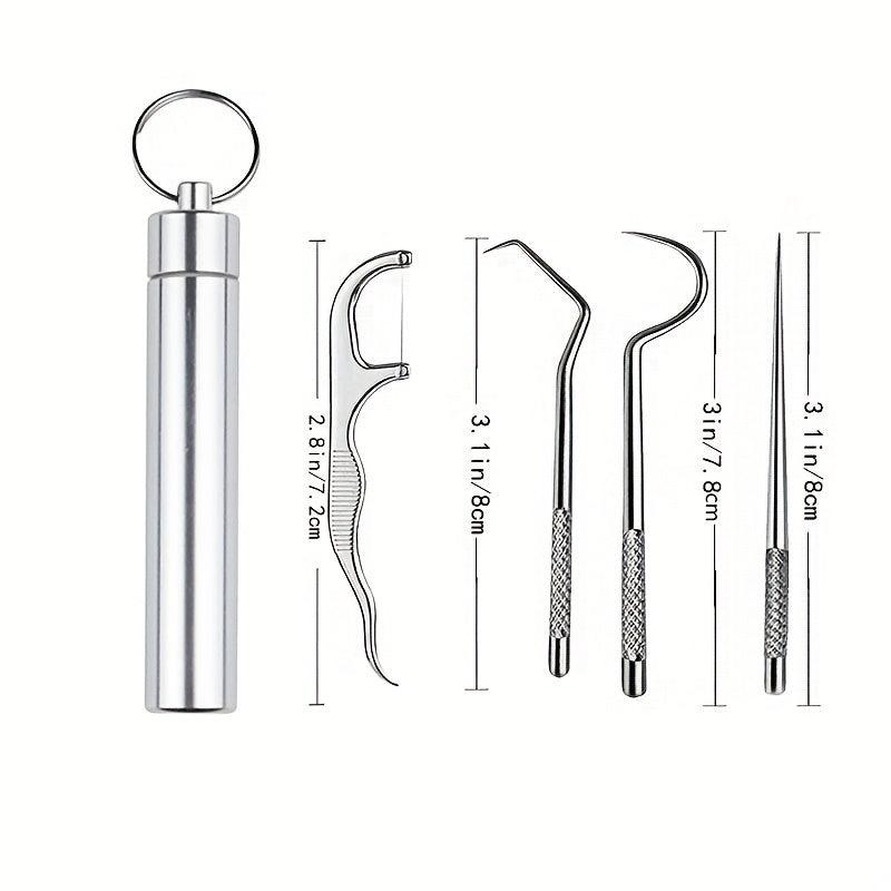 4Pcs Reusable Metal Toothpicks Stainless Steel Pocket Set Holder Travel Kit