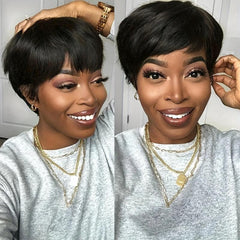 Pixie Cut Human Hair Wig 15 24 Cm Short Straight Machine Wig With Bangs