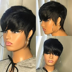 Pixie Cut Human Hair Wig 15 24 Cm Short Straight Machine Wig With Bangs