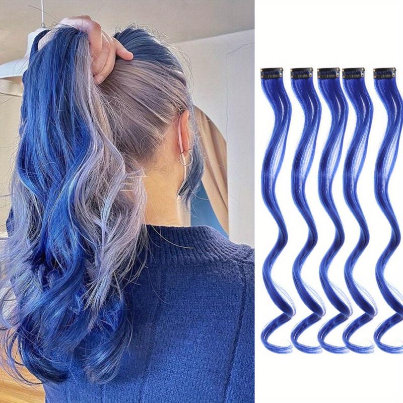 5Pcs Hair Extensions Party Highlights Wavy Hairpiece Clip In Synthetic Streak