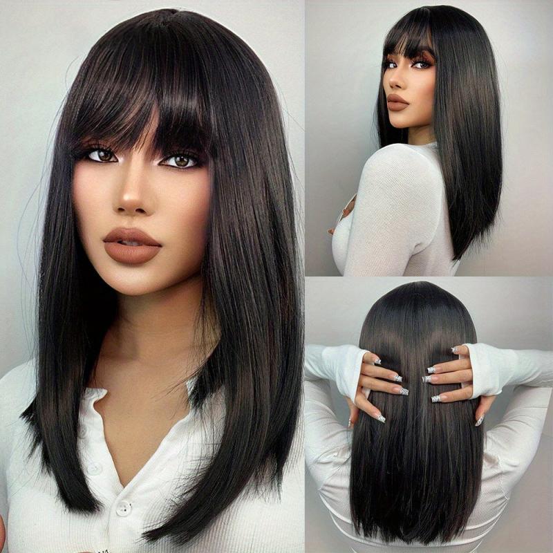 Chestnut Brown Short Straight Wigs With Bangs Synthetic Heat Resistant Wigs