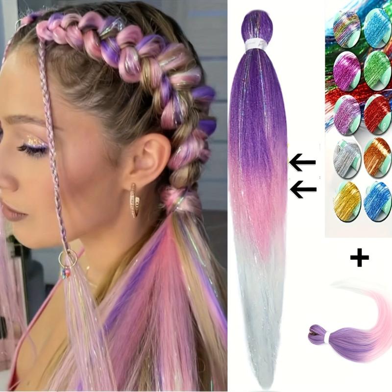 Y2K Braiding Hair Mix Tinsel Rainbow Extension Long Straight Colorful