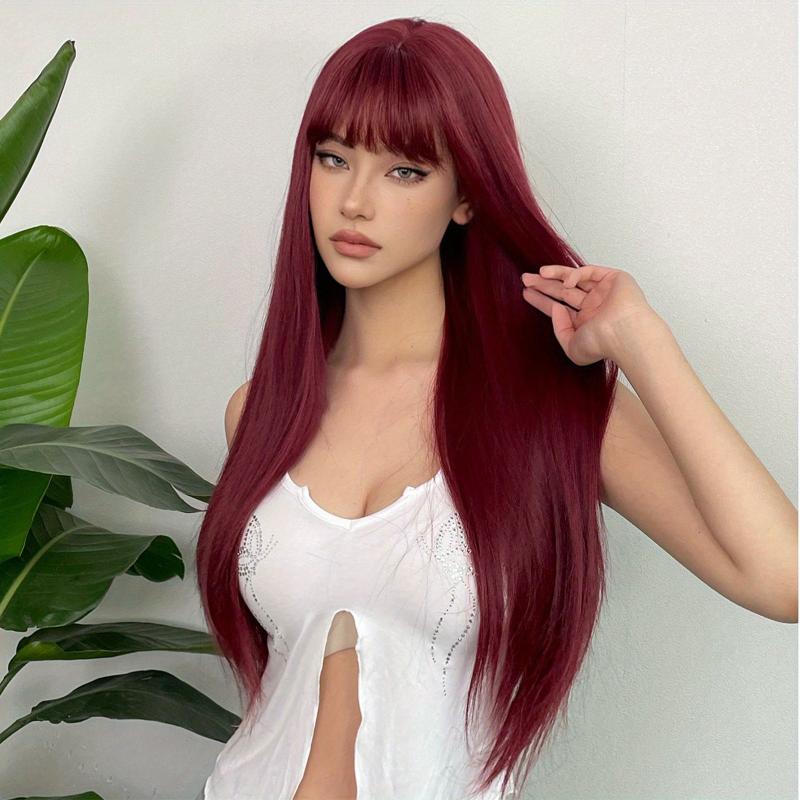 Silvery Grey Straight Hair Wigs With Bangs Heat-Resistant Synthetic Hair