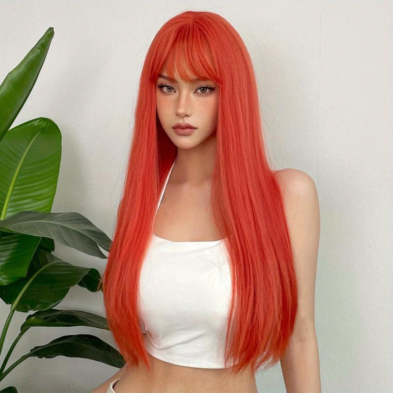 Silvery Grey Straight Hair Wigs With Bangs Heat-Resistant Synthetic Hair