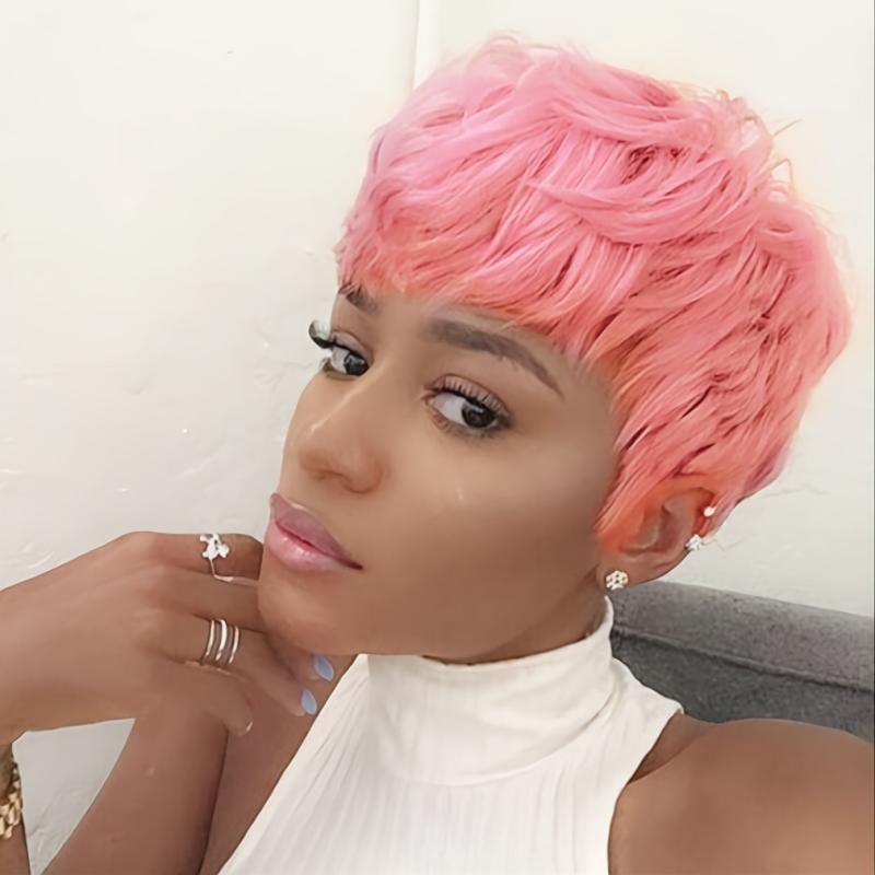 Short Pink Wavy Pixie Cut Synthetic Hair Wigs For Women