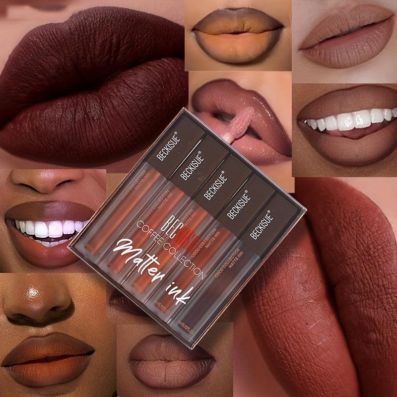 Coffee Nude Matte Velvet Lipstick Set of 5 Dark Light Coffee Lip Glaze