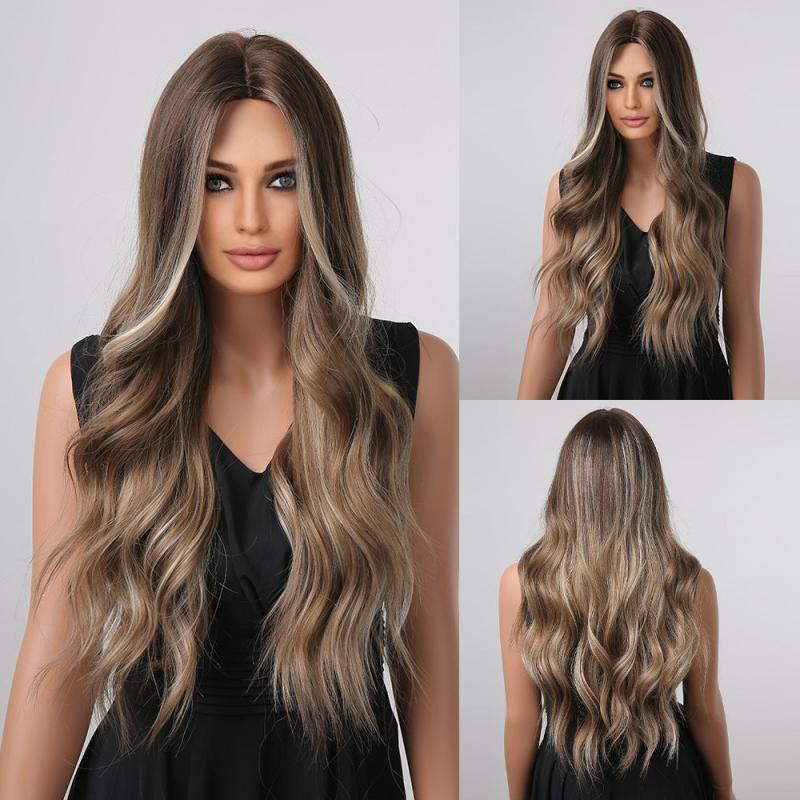 Long Brown Blonde Ombre Curly Wig for Women Synthetic Hair Daily Use