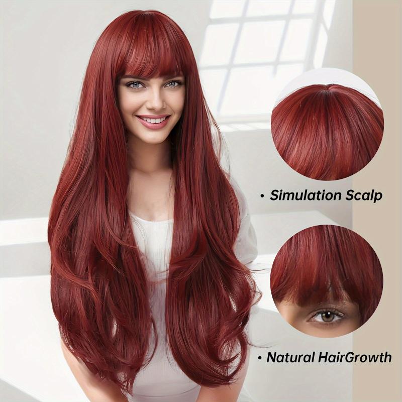 Wine Red 66cm Long Wavy Hair Wig with Bangs