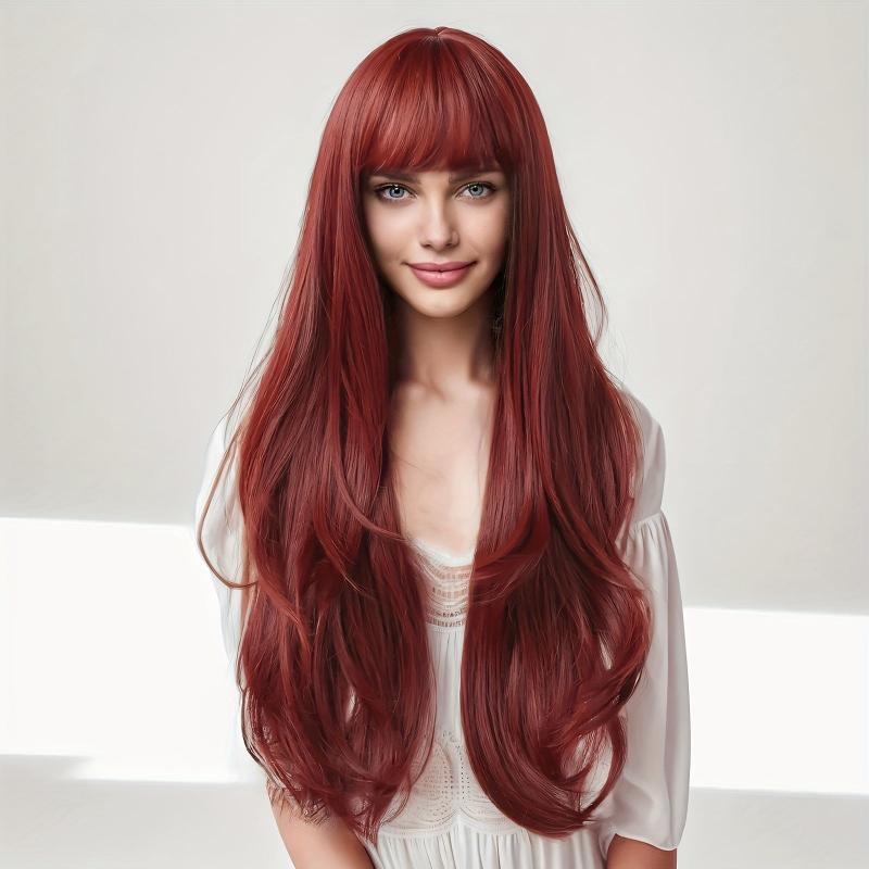 Wine Red 66cm Long Wavy Hair Wig with Bangs