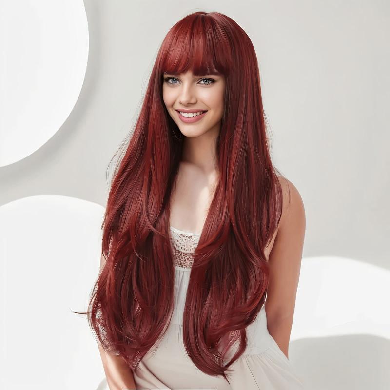 Wine Red 66cm Long Wavy Hair Wig with Bangs