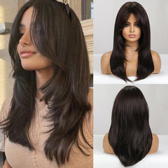 Heat Resistant Pink Ombre Straight Wig with Bangs Synthetic Hair Wig