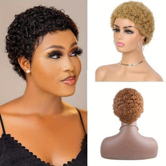 Short Curly Human Hair Wig Afro Kinky Pixie Cut with Bangs