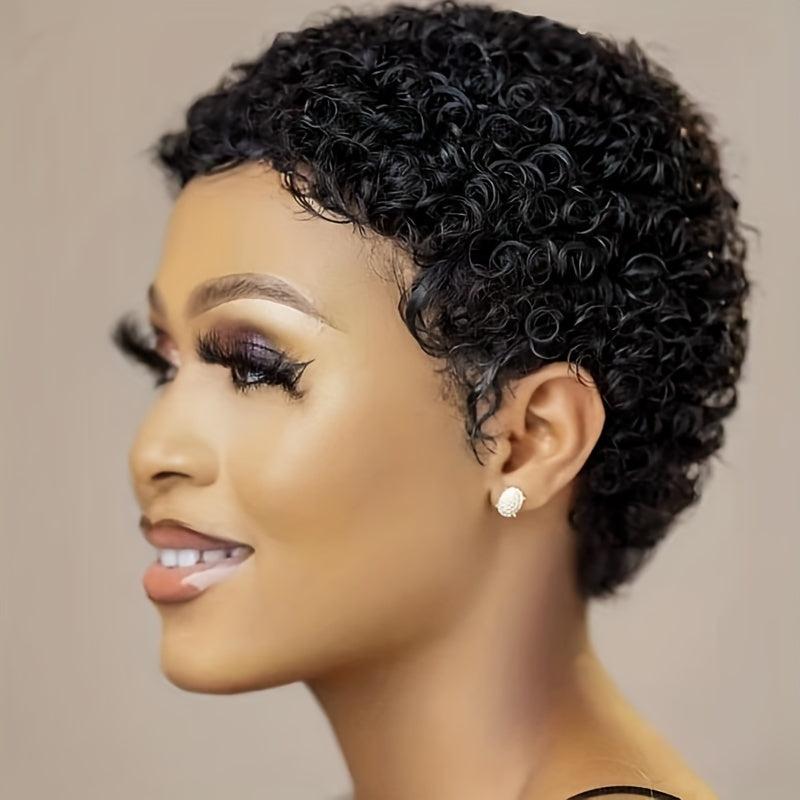 Short Curly Human Hair Wig Afro Kinky Pixie Cut with Bangs