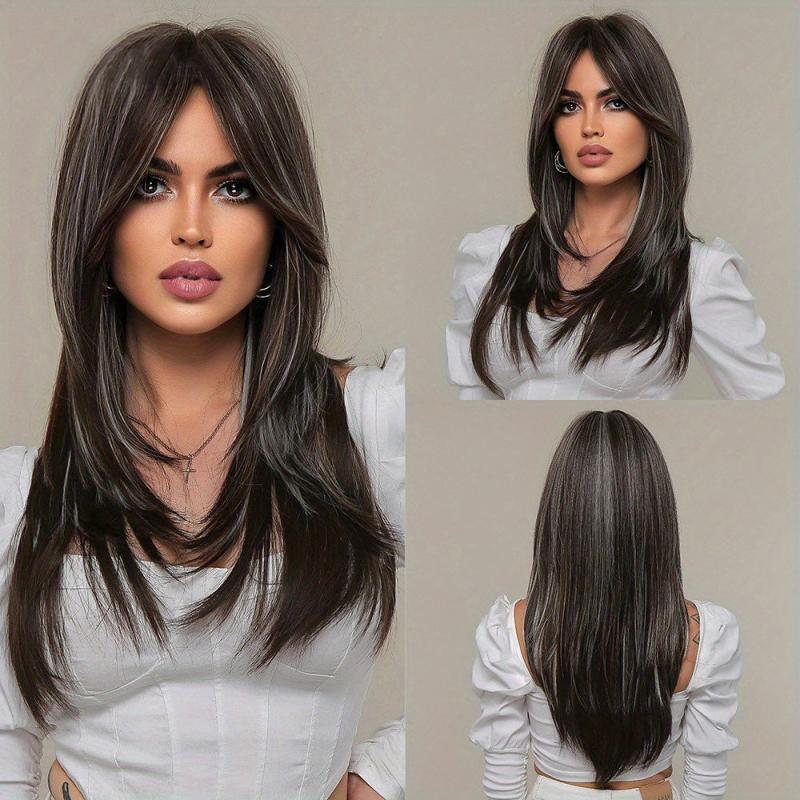 50 8 Cm Dark Brown Long Straight Wigs With Bangs For Women