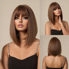 35 56 Cm Brown Straight Synthetic Wig with Bangs for Daily Use