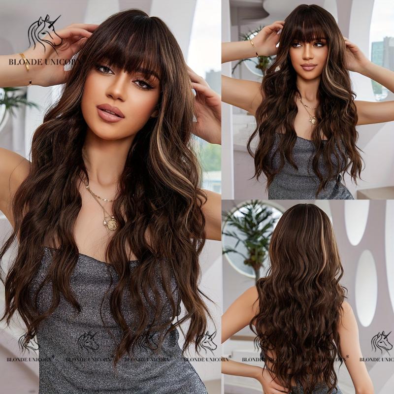 Highlight Brown Curly Wavy Wig 60-96 cm with Bangs