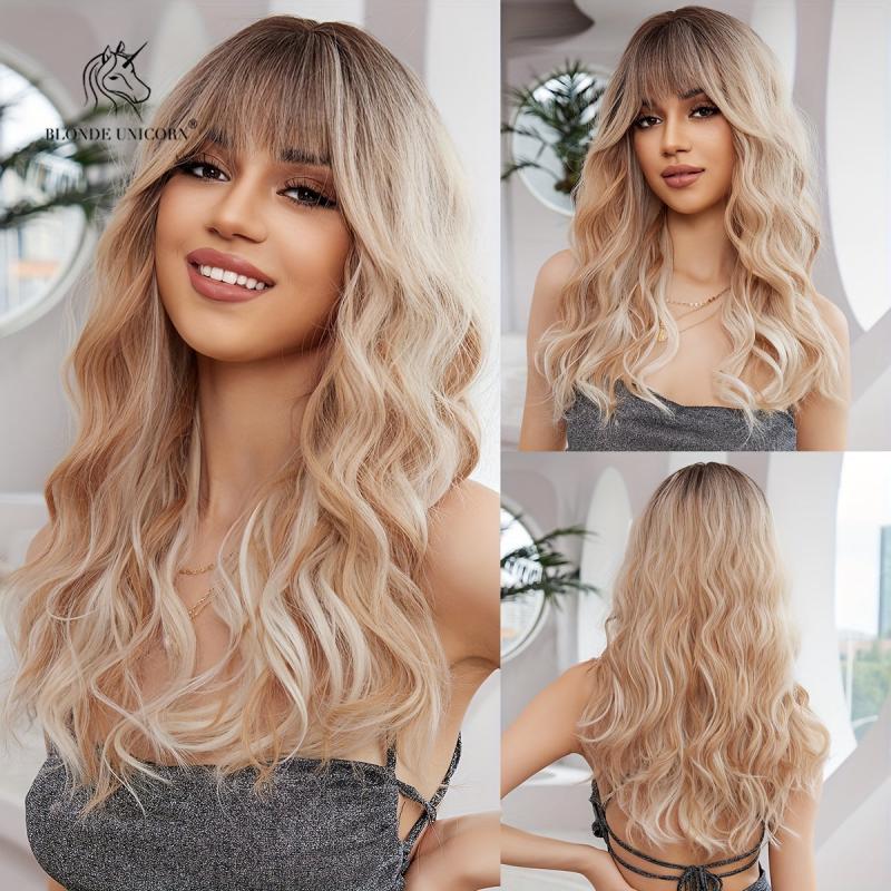 Highlight Brown Curly Wavy Wig 60-96 cm with Bangs