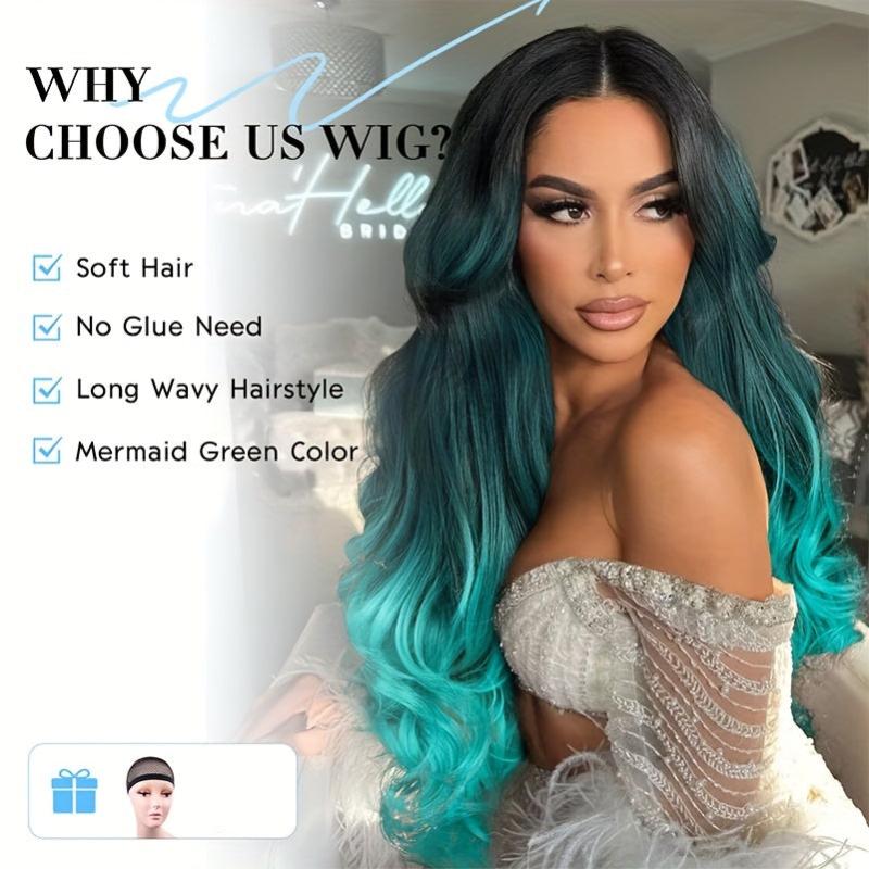 Long Wavy Wig Ombre Bluish Green Wigs Long Curly Ombre Hair Wigs