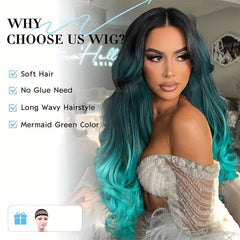 Long Wavy Wig Ombre Bluish Green Wigs Long Curly Ombre Hair Wigs