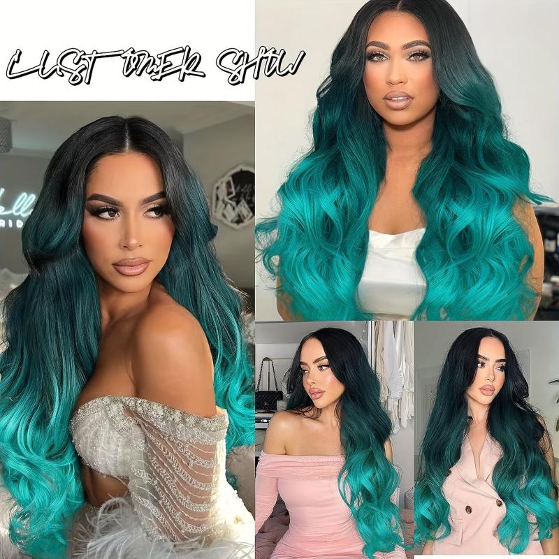 Long Wavy Wig Ombre Bluish Green Wigs Long Curly Ombre Hair Wigs
