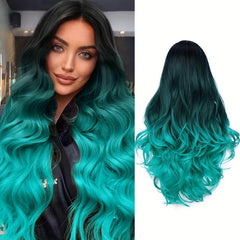 Long Wavy Wig Ombre Bluish Green Wigs Long Curly Ombre Hair Wigs