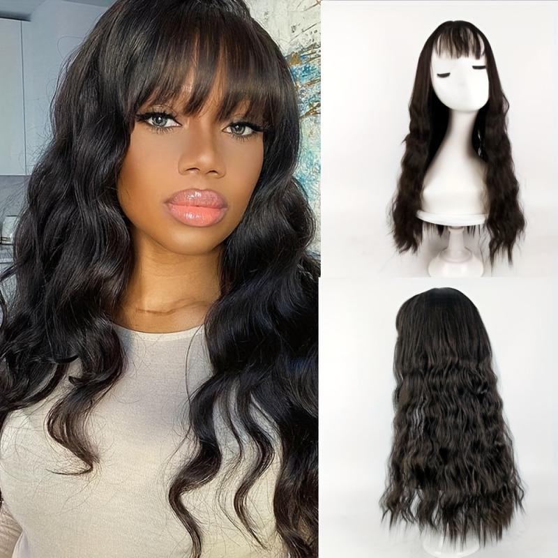 Long Curly Wavy Wig With Bangs Synthetic Wig Beginners Friendly