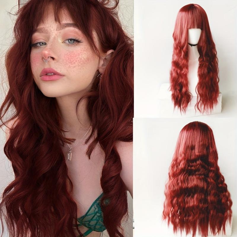 Long Curly Wavy Wig With Bangs Synthetic Wig Beginners Friendly