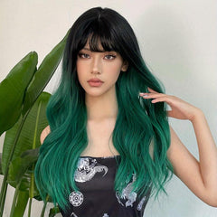 Ombre Green 60 96 Cm Long Wavy Curly Wigs With Bangs Synthetic Fiber Hair