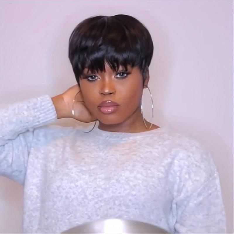 Brown Short Pixie Cut Hair Wigs With Side Bangs Synthetic Fiber Hair Replacement